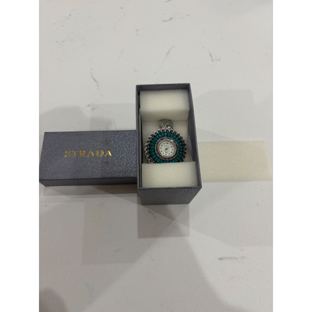 Strada Women Quartz Pendant Watch Turquoise Black Crystal Silver Tone Boho New